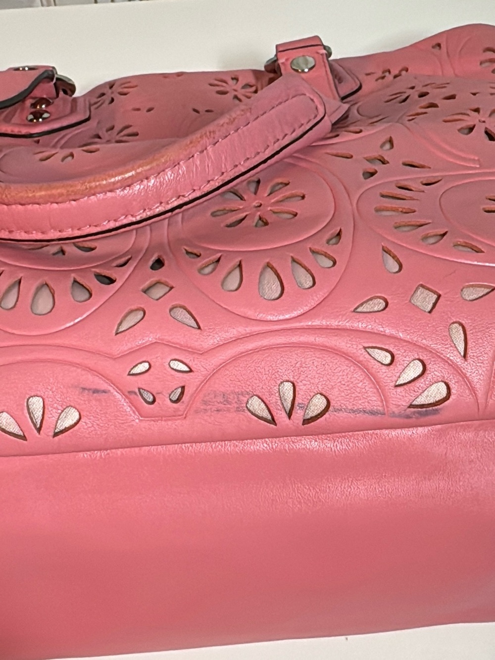 Coach Pink Leather Laser-Cut Floral Eyelet Carryall Shoulder Bag - Picture 8 of 10